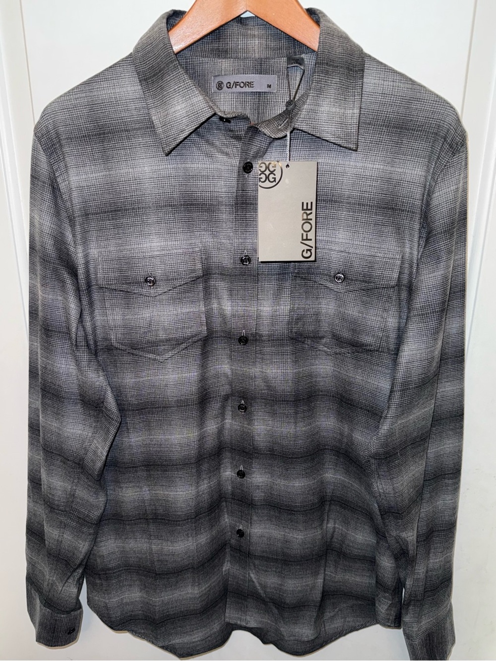 G/FORE NWT Premium Shadow Plaid Cotton/Lyocell Button-Down Shirt in Charcoal